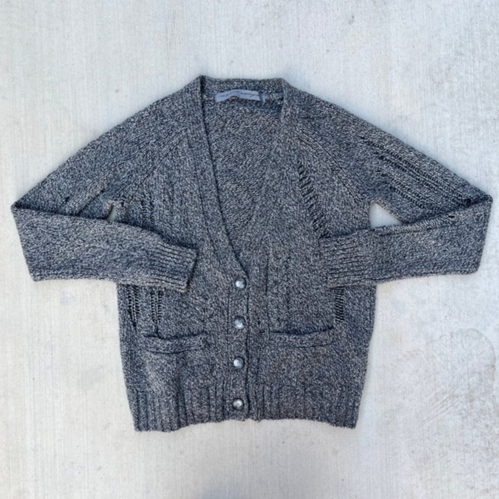 Raquel Allegra Womens Distressed Grey Merino Wool Baby Camel Blend Cardigan